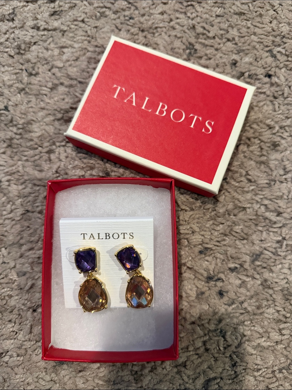 Talbots Gold-Tone Drop Earrings with Purple and Brown Stones